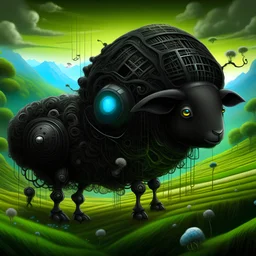 Exploring strange new pastures of Web3 with the Black Sheep Arthur the Ai art info bot, in a surrealist art style landscape . The robot exploring new dimensions with two black sheep , Portals, art, blockchain, iridescent code, micro chips, wires, electronic, cyborg sheep, designed by Leonardo DaVinci