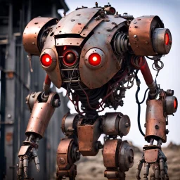 trash mech suit, human-sized, made of scrap metal, small, cockpit, light rust, round, one red glowing eye, loose wires