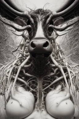 a very insane outrageous portrait of a cow in (H.R giger) style with lots of alien tenticles, being held at gun point in a (grungy toilet)::26, from new york subway, 8k