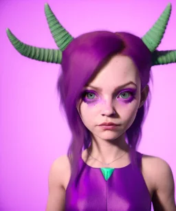 cute purple haired devil girl with bright green eyes and horns on her head wearing a purple/pink dress