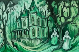 A mint colored haunted mansion with ghosts painted by Paul Cezanne