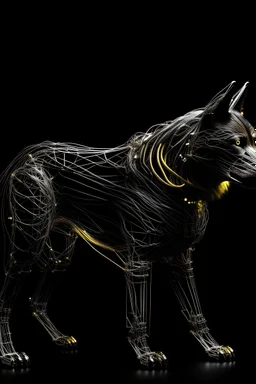 "The 2D graphic of a wolf comprises electronic and electrical elements against a black CAD project background. The wolf's form is delineated by a fusion of microprocessors, LED diodes, and wires, representing a futuristic interpretation of its physiognomy. Meanwhile, high-voltage cables and sparking discharges form the other half, creating a dynamic representation of energy. This imagery blends the wolf's strength with futuristic technology, serving as a thought-provoking reflection on the symbi