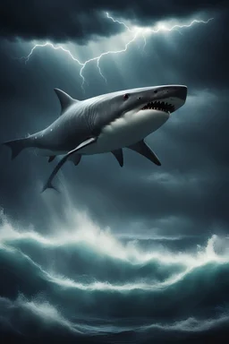 scary shark in the sea, dark night, thunder and lightnings, leicter city symbols