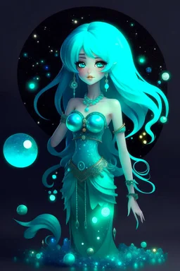 A beautiful girl with glowing starry eyes. And with turquoise hair decorated. And full body. Holds 10 glowing glass beads with a moon inside