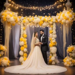 Hyper Realistic Beautiful Traditional Pakistani Couple on Valima Stage decorated with different Yellow & White flowers & neon wedding lights at Night