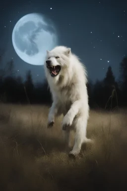 an extremely hairy, long-haired albino saber-tooth werewolf in a field, Botany, Starry, Moon lit, Retro Pop, Dark Fantasy, Horror, Festive, Realistic - 32k, UHD, professional quality, 8 x 10 digital photograph