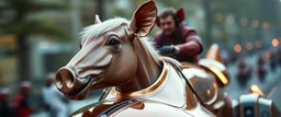 close up on elon musk riding an awesome spaceship in copper, fast one in the shape of a horsepig is half horse half pig, now its gonna do an awesome gig , bokeh like f/0.8, tilt-shift lens 8k, high detail, smooth render, down-light, unreal engine, prize winning