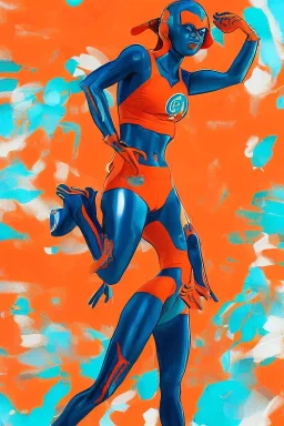 Miami Dolphins-themed female superheroine orange and teal skin-tight costume Coptic Art Afrofuturism Style of Elle Reisha Perlmutter Leng Jun Stan Lee Joseph Ducreux Kehinde Wiley Boris Vallejo Jeff Koons photorealistic portrait painting Marvel Comics chunyu japanesehighschool academic art street art 64 megapixels Pixar, Disney 3d digital art, Maya 3D, ZBrush 3D shading dynamic lighting iridescent