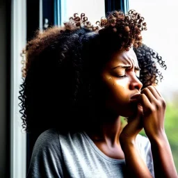 Crying girl, sad, expressive, emotive, frowning, furrowed eyebrows, pouting lips, African American, curly hair, looking out rainy window,