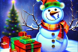 Impressionism, Romanticism, acrylic paint, pastel colors, 1 snowman, christmas tree, christmas lights, wreath, presents, Fine detail