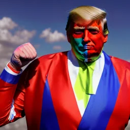 realistic image of donald trump as a mexican wrestling fighter posing outdoors, with mexican mask painted on the face, red and blue breeches, confederate flag cape, naked torso, retro style, 80s, vibrant color, highly detailed, sky background, concept art, unreal engine 5, god rays, ray tracing, RTX, lumen lighting, ultra detail, volumetric lighting, 3d, finely drawn, high definition, high resolution.