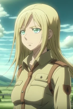 Screenshot from Attack on Titan. Woman with long blonde hair with brown wavy roots, light brown slanted eyes, light brown skin, dressed in the uniform of the Reconnaissance Legion, the background is a landscape Screenshot from MAPPA Studios, Attack on Titan Season 4