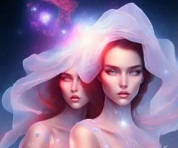 ambiente cosmico, stelle luminose, donne bellissime vestite di veli trasparenti corpo magnifico e volti perfetti