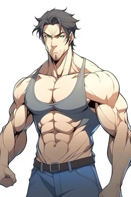 Anime man side character with plastic super power medium muscles, aged 27