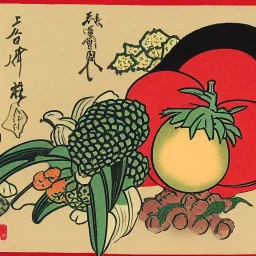 Ukiyo-e style illustration of fruit stilllife