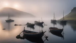 Fishermen’s boats anchored around a harbour in the Faroe Islands near a fishing village, fishermen putting fishing nets on their boats, mist covering the distance, calm sea, early morning, sunrise, the moment the sun rises, beautiful romantic photograph, excellent composition, atmospheric, realistic