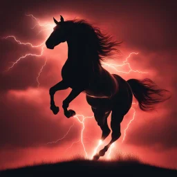 full silhouette of a horse rearing up(outlined by lighting), plus red sky with lightning bolt of electricity traveling (from top right to bottom left)