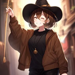 Clear focus, High resolution, short brown spiky hair, hair between eyes, eyes closed, wearing a brown detective hat, wearing a brown jacket and a black shirt, wearing black shorts, 1girl, pulling hat down, smiling, wearing a oversized hoodie