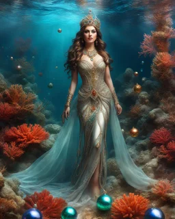 Fullbody excellent pose gorgeous photography art realistic,cinematic realistic colors,soft blur ,natural beauty, of young woman, smiling, beautiful, shiny grey eyes, make up,Queen Persian style, shiny baubles, ornate, large gemstones, shiny molten metalics, shiny wire filigree, brown hair, high definition, Walk in underwater scene teeming with colorful coral, many full fish,clownfish, and gentle sea turtle