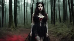 The Dark Lord's Granddaughter is a witch with her bloody fangs, covered by tattoos and lace agent provocateur dress [vintage style noisy scratches glitches, Shot the texture and then rewound the film and double exposed from a 1970 B series movie] in the forest in front of her Hutt