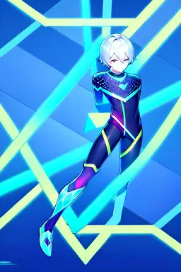 neon blue, floating triangle of light orbiting behind the back, cyber armor, geometric patterns on armor, male, orbiting triangle