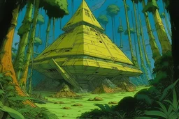 crushed pyramid shaped spaceship in jungle, by Moebius