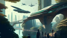 people watching a futuristic ship flying above a utopian city. bridges, roads, balconies, trees, dense foliage, river, pathways, detailed photorealistic