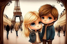 cute blonde blue eyed chibi girl and a brown haired brown eyed mexican chibi boy in love in Paris