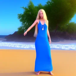 Beautiful full body woman blue eyes long blond hair in an hippy dress on a beach, unreal engine, 4k