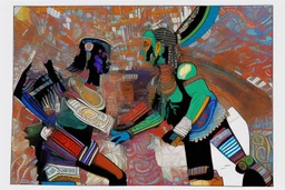 two arafed persons arguing in ritual combat stance, afrofuturism, arafed angularity, aztec vibe, patchwork vibe, side view, aztec room with extreme body action, sharp color contrasts, amazing shadows, exaggerated limbs and heads, minimal cozy, warm palette, bright bold warm summer colors, ritual scene, futuristic tribal style, Aztec influence, sculptural helmets, spiked headdress, geometric borders, patterned red rug over dark wooden floor, tribal ceramic vases with potted plants