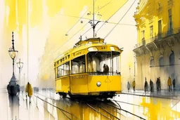 yellow tram in Budapest, style Alvaro Castagnet, Anton Pieck highly detailed elegant very attractive beautiful dynamic lighting watercolor aquarelle Thomas Wells Schaller