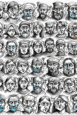 diferent medieval faces of diferent medieval people with diferent expressions, some dramatic, somo happy. the style is minimal black and white stamp. in the sheet there are more than 5. very diverse court memebers and everyday people. man, woman, kids. white background