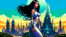 exotic sci-fi pin-up girl, with long dark hair, on an alien planet with cloud trees, tall spires and buildings