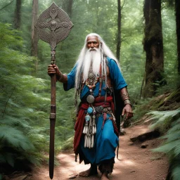 [photo in the forest by Kevin Eastman and Peter Laird] A tall and powerfully built stern looking Indian sage with long white hair and a long beard is walking across thickly forested mountains in a determined manner. In his right hand he holds an ornate battle axe with Hindu holy symbols. In his left hand he holds prayer beads called rudraksha.
