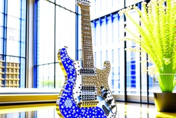 A lovely clear transparent resin guitar with forget-me-not design in a modern room in sunshine