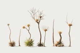 "Isolated concept art of multiple types of alien tree plant on a plain neutral background. Designed for Desert biome – dry, spiky, brittle grass with sharp edges, thorn-like blades, and pale dusty colors