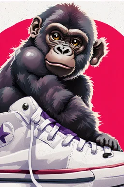 a profile picture of a small gorilla sitting in a purple coloured Converse sneaker, like it's a car, comic style