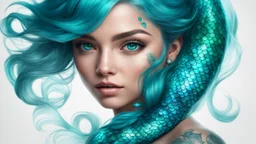 Mermaid Portrait, Shimmering Turquoise Tail, Scales, Tattoo, High Resolution, Trending on Artstation, Fine Details, 8K