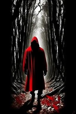 magical too much trees in big forest dark red and black fairy magic a shadow of hooded man from a distance standing