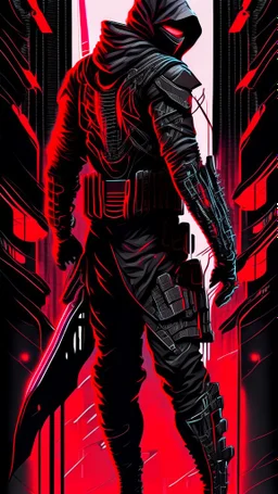 dibujo de contorno de un Ninja negro y rojo con traje cyberpunk full body