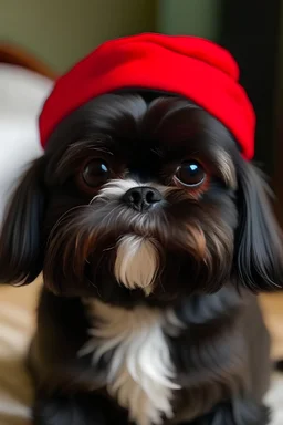 A black shih tzu with the Santa claus hat