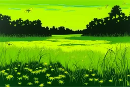 A light yellow marsh with fireflies painted by Andy Warhol