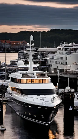 Show a very large yacht at a Nordic harbour at dawn.