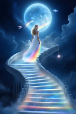 fantastic,Beautiful woman, stairway to heaven whit rainbow, ufos futuriste très beau