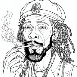 Coloring page for toodlers, with a cute rastaman smoking joint, very Bold outlines and white background, anime style, minimal number of elements, very simple