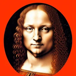 leonardo da vinci portrait of king donald trump,beautiful, curly orange hair, high definition, realistic, deepfake. Colors white, blue and red. Black background. holding a white cat.