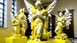 A light yellow ruins with angel statues designed in Japanese origami painted by Roy Lichtenstein
