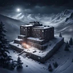 Hyper Realistic areal view of an dark abandoned hospital on the top of a mountain at heavy snowfall night