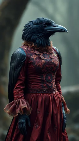 a crow wearing a woman dress , realistic , pro photography , high quality, and cinematic scene