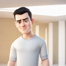 a caricature portrait of a young western man standing in front of a white wall. He is wearing a white sweatshirt. black hair. short buzz cut hair style. light skin. dark eye pupils. small eyes. black thick eyebrow. big round face shape. a bit small goatee. big nose. thick mouth. pixar style. 3D. 4k. portrait. highly detailed. sharp focus. high resolution. full color. cinema lighting